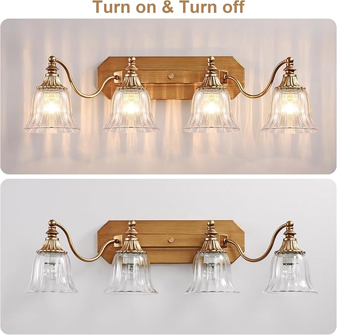 Gold Vintage Bathroom Light Fixtures, 4-Lights Bathroom Vanity Light, Antique Brushed Gold Lighting Fixtures Over Mirror with Crystal Glass Shade, Wall Sconce Lighting