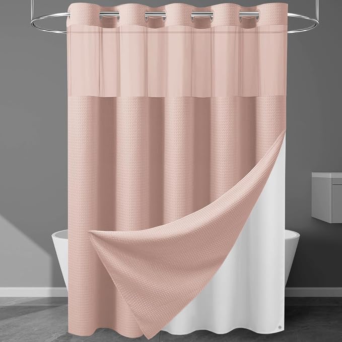 EUTXL Heavyweight Blush Pink No Hook Shower Curtain with Snap in Liner,256GSM Waffle Weave Shower Curtains for Bathroom,71W x 74H