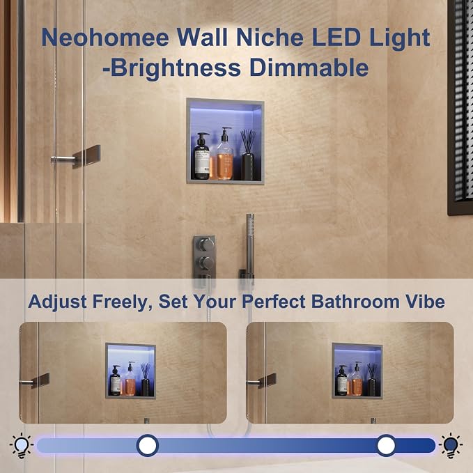 12X12 RGB Shower Niche, Brushed Nickel Stainless Steel LED Wall Niche, No Tile Needed Recessed Storage for Bathroom Storage Built-in Installation