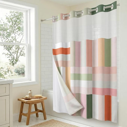 Americanflat 72x75 Hookless Shower Curtain - Water-Resistant Modern Stripe Shower Curtain with Sheer Panel, Snap-In Liner, and Grommets - 100% Polyester - Pink, Sage Green, Terracotta, Peach and White