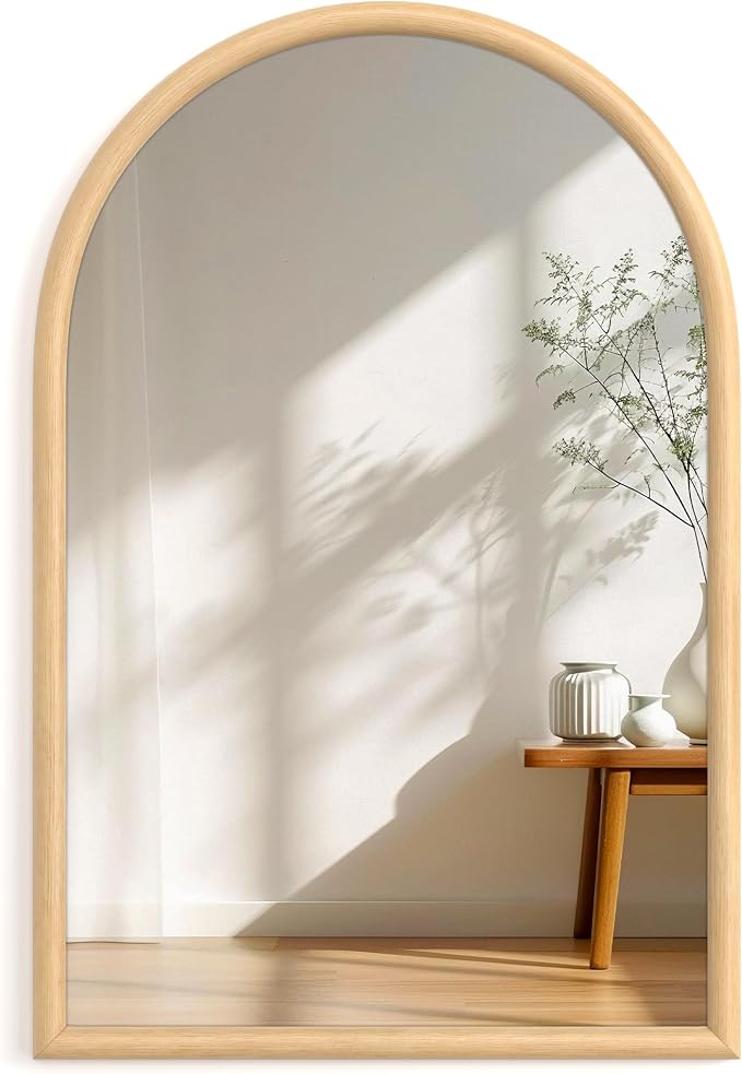 20"x30" Arch Wall Mirror for Wall, Wall Mounted Vanity Mirror for Bedroom, Wood Grain Finish Frame Mirror with Tempered Glass, Vintage Decorative for Bathroom, Entryway, Living Room, Natural