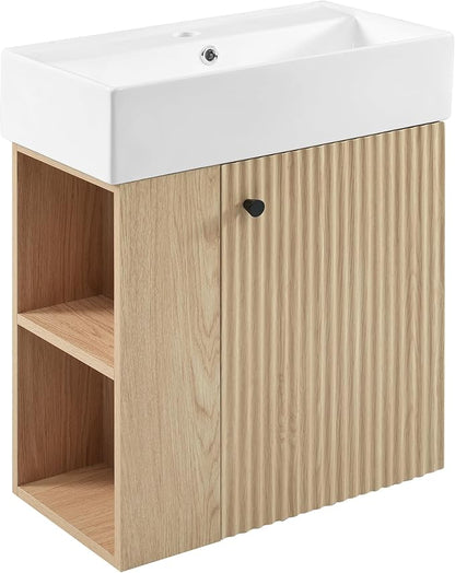 LUMISOL 21.6" Small Floating Bathroom Vanity with Sink, Wall Mounted Bathroom Vanity with One Door & Left Side Shelf, Solid Wood Narrow Bathroom Cabinet with Ceramic Sink, Natural