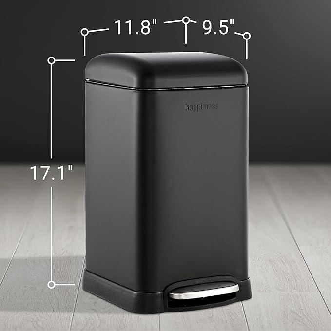 happimess Betty Retro Mini 3.2 Gal Step Trash Can, Charcoal Black | Soft-Close Lid, Fingerprint Proof, Removable Liner, Stainless Steel, Hands-Free Pedal