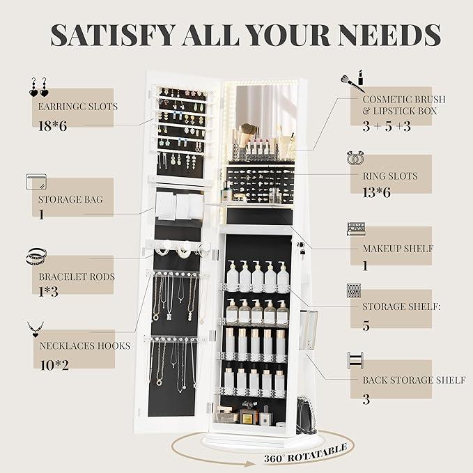 Mirror Jewelry Cabinet Standing, Jewelry Armoire | with Full-Length LED Mirror and Adjustable Lights, 360° Swivel Jewelry Organizer Storage