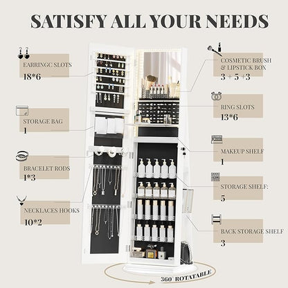 Mirror Jewelry Cabinet Standing, Jewelry Armoire | with Full-Length LED Mirror and Adjustable Lights, 360° Swivel Jewelry Organizer Storage