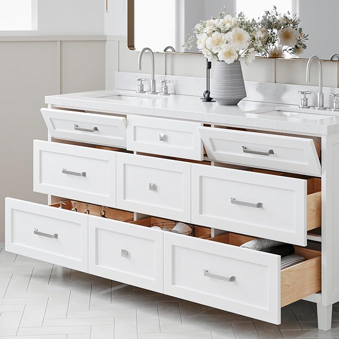 ARIEL Monroe 72-inch Bathroom Vanity with Sink,Solid Wood, 1.5-inch Carrara White Quartz Countertop & Backsplash, Double Oval Porcelain Sink, 9 Dovetail Drawers, Brushed Nickel, White