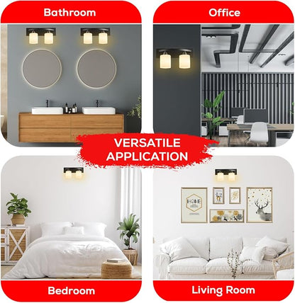 Hollywood Style Modern Wall Mount Lighting, Bathroom Vanity Light Bar, Interior Fixtures with Modern Glass Shade, Lights Over the Mirror (Matte Black, 2-Lights)