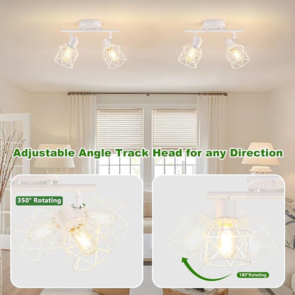 Baocuz 2-Lights White Kitchen Track Lighting, Adjustable Multi-Directional Ceiling Light Fixtures, Rotatable Farmhouse Light Fixtures Mount with Metal Cage for Dining Room, Living Room, Bedroom