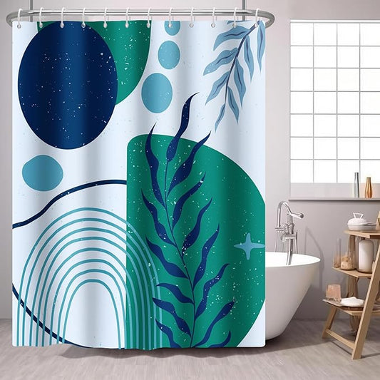 Teal Blue Boho Shower Curtain Abstract Minimalist Aesthetic Modern Geometric Leaf Plant Fabric Shower Curtains Bathroom Accessories