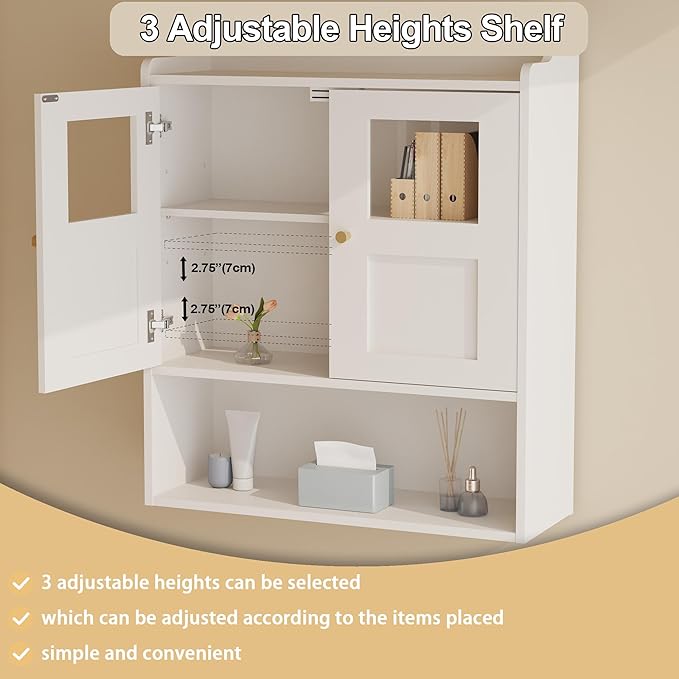 Bathroom Wall Cabinet, Medicine Cabinet with 2 Glass Door and Adjustable Shelves,White Wall Mounted Cabinet Over The Toile,3-Tier Wood Hanging Storage for Bathroom,Kitchen,Living,Laundry Room