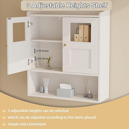 Bathroom Wall Cabinet, Medicine Cabinet with 2 Glass Door and Adjustable Shelves,White Wall Mounted Cabinet Over The Toile,3-Tier Wood Hanging Storage for Bathroom,Kitchen,Living,Laundry Room