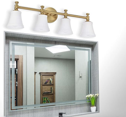 Bathroom Vanity Light Fixtures, Traditional Aged Brass 4 Lights Wall Sconce Lighting with Opal Glass Shade, Porch Wall Mount Light Fixture for Bathroom, Mirror Cabinets Hallway Stairs