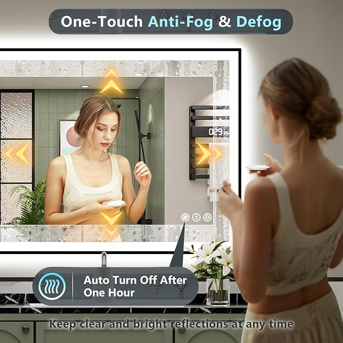 48x40 Black LED Bathroom Mirror, Backlit & Front Lit Lighted Mirror | Metal Framed Anti-Fog Vanity Mirror with Lights, 3 Color Dimmable, Memory, Tempered Glass, CRI95, IP54, Horizontal/Vertical