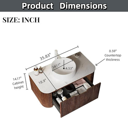 36'' Floating Vanity with Sink Combo, Modern Wall-Mounted Curved Edges Striped Bathroom Storage Cabinet with Soft-Close Drawer and White Artificial Marble Basin, Dark Walnut