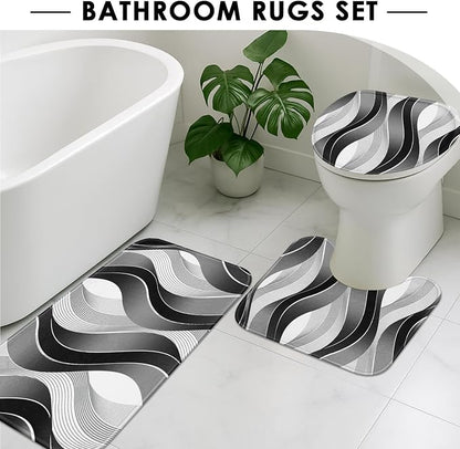 Bathroom Sets with Shower Curtain and Rugs, 4 Pcs Geometric Stripes | Abstract Modern Wavy Bathroom Decor Set with Toilet Lid Cover, Non-Slip Bath Mats and Accessories 12 Hooks