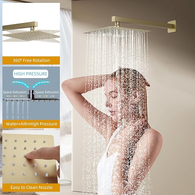 Modern Shower Faucet with 10 Inch Rain Shower head Shower System and Handheld Shower Combo,2-Function Shower Fixtures Included Shower Trim Kit (Brush Gold)