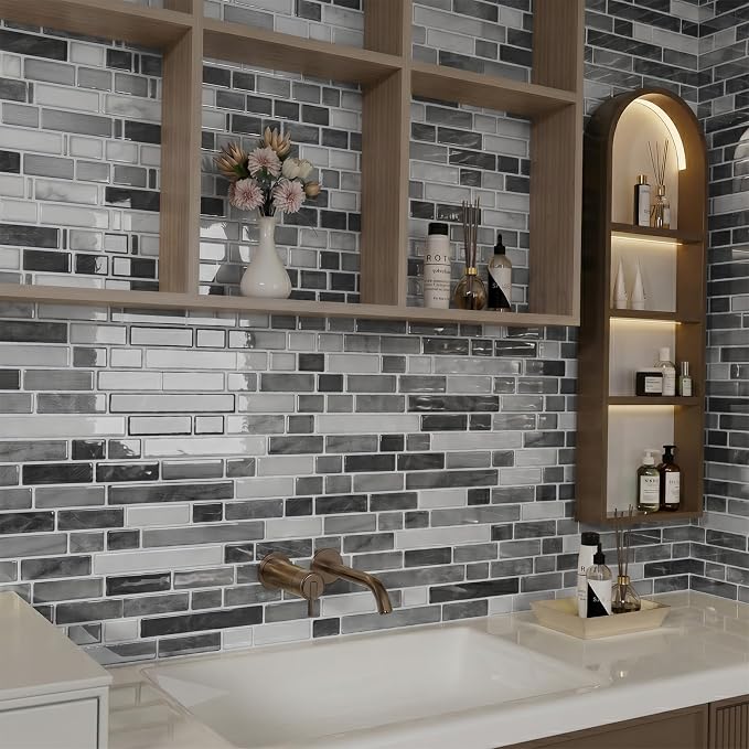 Peel and Stick Backsplash, Self Adhesive 10 Kitchen Tiles 12''x12'' | Gray White 3D Wall Tile Back Splash for Kitchen, Bathroom, Laundry Room