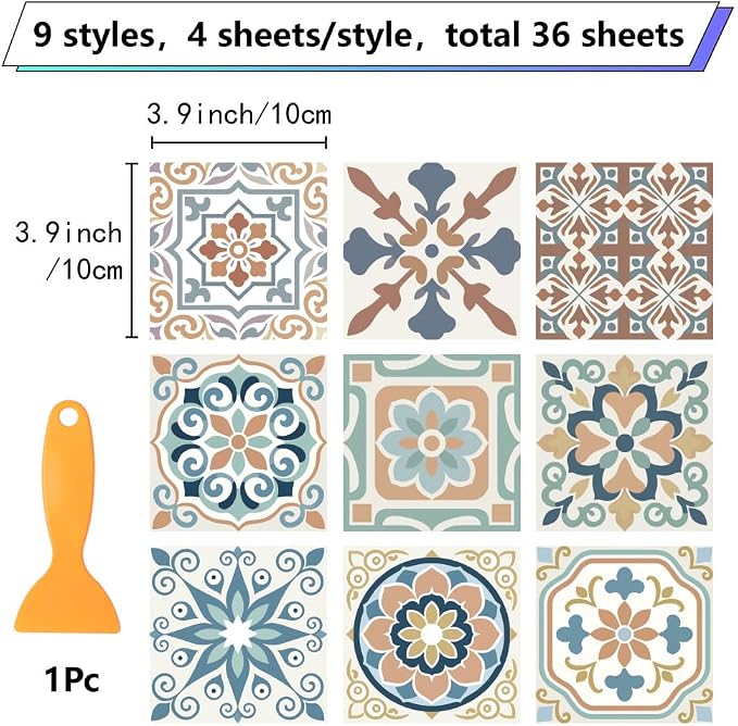 36Pcs 9 Styles Mediterranean Peel and Stick Tile 4 x 4 Inch Decorative Tile Stickers Square Flower Pattern Waterproof PVC Decals for Kitchen Bathroom Backsplash Furniture DIY Home Decor