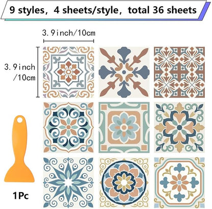 36Pcs 9 Styles Mediterranean Peel and Stick Tile 4 x 4 Inch Decorative Tile Stickers Square Flower Pattern Waterproof PVC Decals for Kitchen Bathroom Backsplash Furniture DIY Home Decor