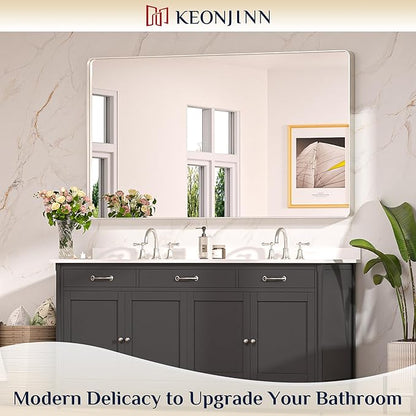 Keonjinn Brushed Nickel Mirror 60 x 36 Inch Large Silver Bathroom Mirror for Over Sink, Rounded Rectangle Farmhouse Vanity Mirror with Metal Frame, HD Tempered Glass Wall Mirror(Horizontal/Vertical)