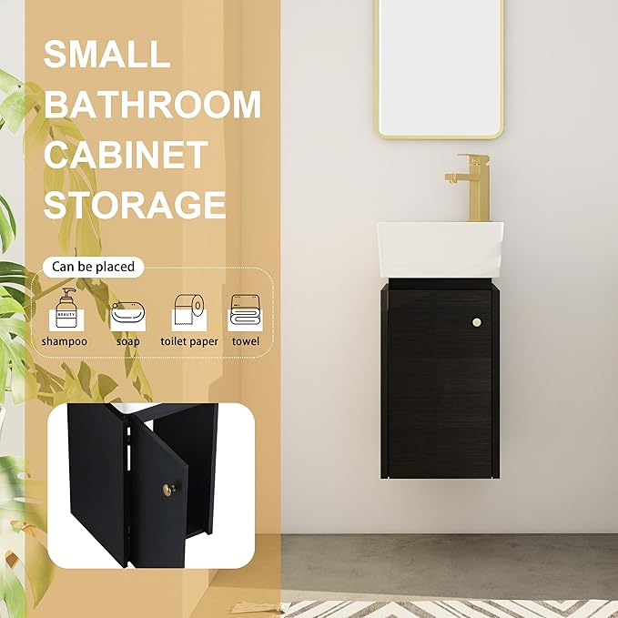 SSLine Modern 12" Floating Bathroom Vanity with Sink Wall Mounted Small Bathroom Vanity Cabinet with Top Basin Square Wood Bath Vanities w/Ceramic Sink for Small Space(Black Chestnut&Gold)
