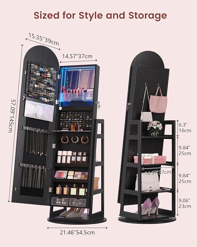 HWB Mirror Jewelry Cabinet Standing with RGB Lights & Storage Shelves | Mirror w/Storage, LED Full-length Mirror, Lockable Jewelry Armoire, 360° Swivel, Standing Jewelry Cabinet, Girls Women Gifts