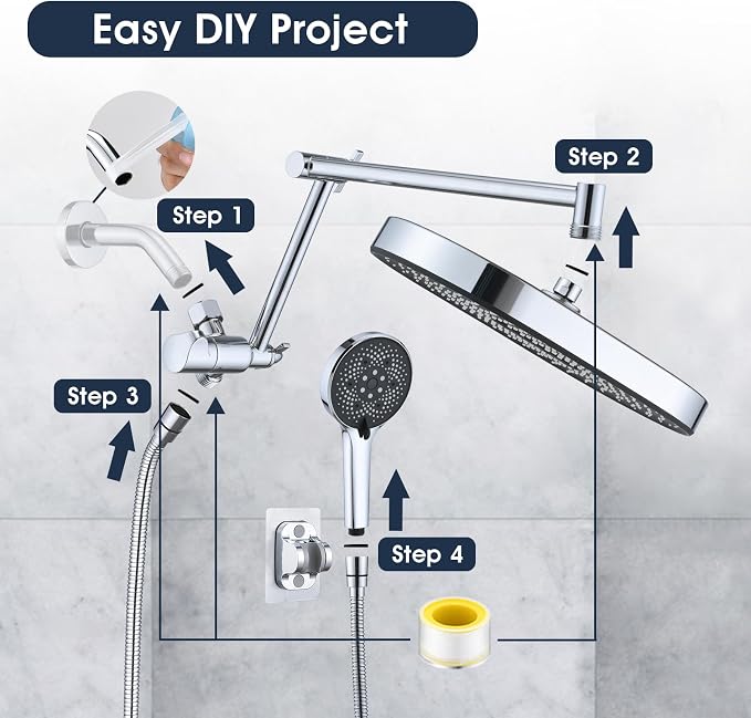 PDPBath 14 Inch Rain Shower Head with 5+1 Settings Handheld Spray Combo, High Pressure Rainfall Shower Head with 16'' Upgrade Adjustable Extension Arm, 79" Extra Long Hose, 3-Way Diverter, Chrome