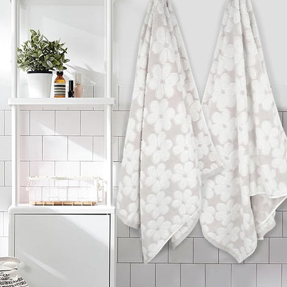 Soft Bath Towels 2 Pack, Super Absorbent Shower Towels 27.5x55 Inches | Cute Floral Jacquard Bathroom Set, Cotton, Light Beige