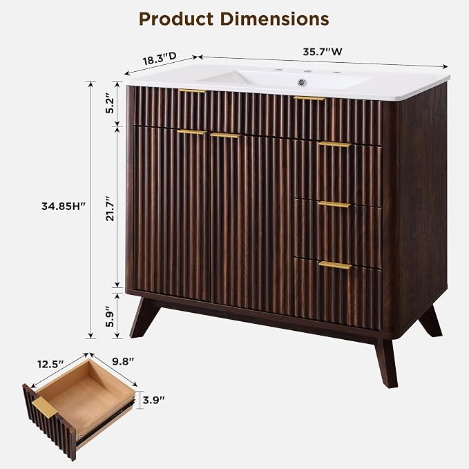 T4TREAM 36" Fluted Bathroom Vanity with Ceramic Sink Combo, Dark Walnut | Freestanding Modern Bathroom Storage Vanity Cabinet with 2 Soft Closing Doors & 3 Drawers, Wood Grain Texture, Metal Handle