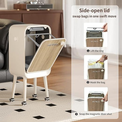 MRBIN Stainless Steel Motion Sensor Trash Can Bathroom with Butterfly Lid and Leg, 5.5 Gal Wheeled Tall Automatic Smart Waste Basket Garbage for Bedroom, Kitchen, Cream White with Walnut Pattern