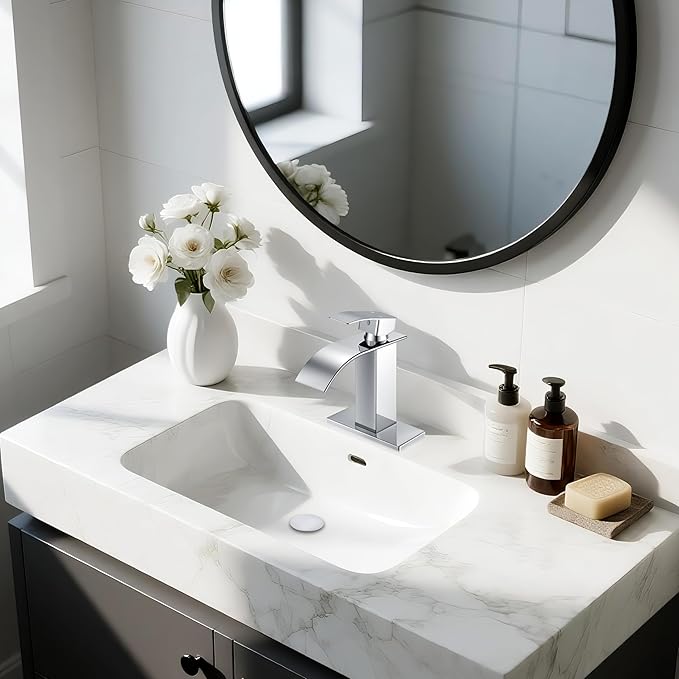 Chrome Bathroom Faucets, Waterfall Bathroom Sink Faucet Single Handle Bathroom Faucet for 1 or 3 Hole, Mixer Tap Vanity Faucet with Deck Plate, Pop-up Drain and Supply Hoses