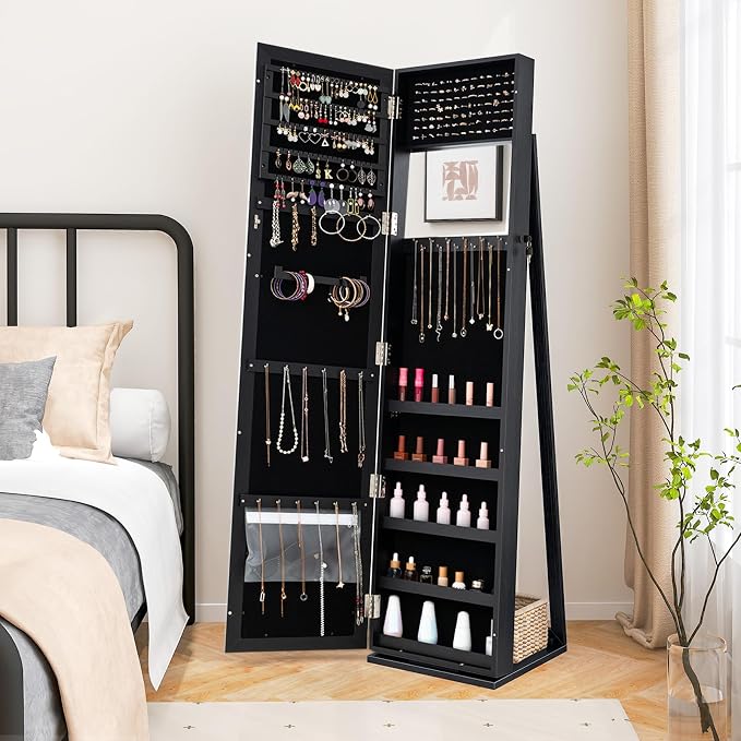 CHARMAID Jewelry Armoire Cabinet with 62" Tall Full Length Mirror, Lockable Standing Jewelry Organizer with Large Storage Capacity, Inside Makeup Mirror, Stable Base, Easy Assembly (Black)
