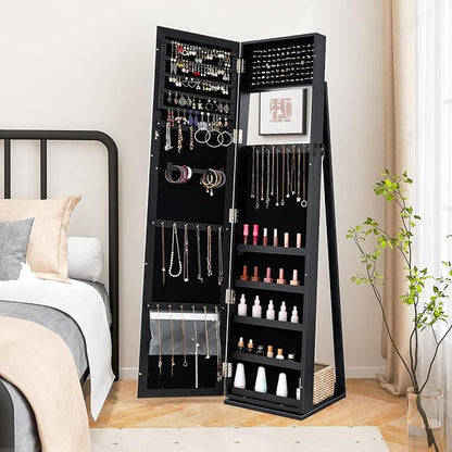 CHARMAID Jewelry Armoire Cabinet with 62" Tall Full Length Mirror, Lockable Standing Jewelry Organizer with Large Storage Capacity, Inside Makeup Mirror, Stable Base, Easy Assembly (Black)