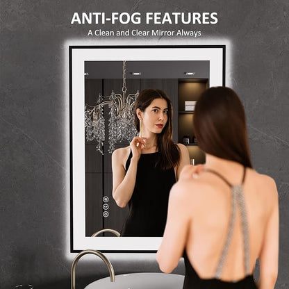 LOAAO 24"X32" LED Bathroom Mirror Black Framed | Anti-Fog, Dimmable, Memory Function, Tempered Glass, Lighted Vanity Mirror for Wall