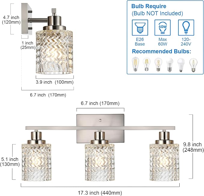 MELUCEE 3 Lights Bathroom Light Fixtures Brushed Nickel | Modern Vanity Lights Indoor Wall Mounted Light with Hammered Glass Shade Suitable for Bathroom Living Room Hallway