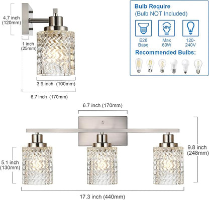 MELUCEE 3 Lights Bathroom Light Fixtures Brushed Nickel | Modern Vanity Lights Indoor Wall Mounted Light with Hammered Glass Shade Suitable for Bathroom Living Room Hallway