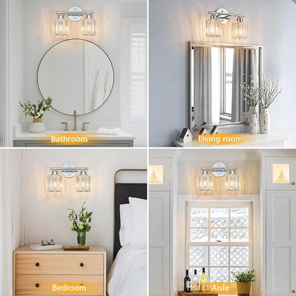 Modern 2 Light Crystal Vanity Light, Chrome Vertical Bathroom Light Fixture Over Mirror for Dressing Table Sink, Compatible with Dimmable Bulbs (Bulbs Not Included)