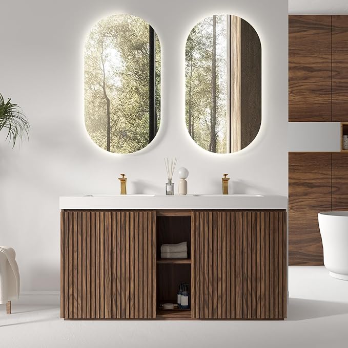 60" Bathroom Vanity with Double Sink, Freestanding Double Sink Bathroom Vanity with White Engineered Stone Top, Open Storage Cabinet & Adjustable Shelf, 4 Soft-Closing Doors, Walnut