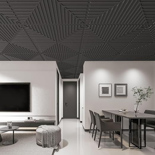 Art3d 12-Pack 2 x 2 ft 3D Textured Drop Ceiling Tiles, 24 x 24 in, Black | PVC, Lightweight, No Sag and Breakage, Compatible with Grid System, Perfect for Basement, Kitchen & Bathroom