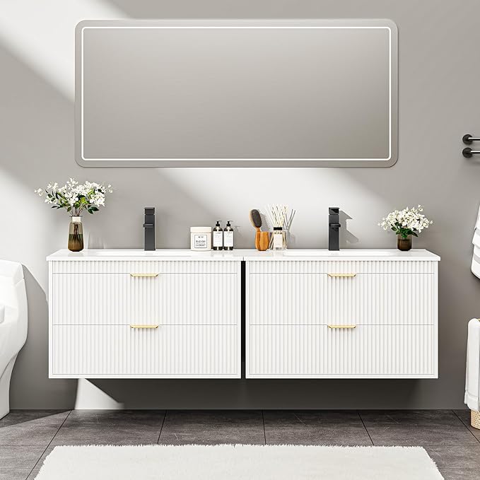 Vabches 24 Inch Bathroom Vanity with Sink, Wood Grain Wall Mounted Vanity with 2 Storage Darwers, Floating Bathroom Vanity with Storage, Bathroom Floating Vanity with Sink, Faucet, Drain, White