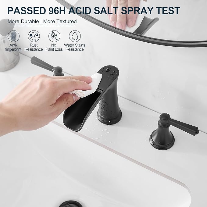 8 Inch Matte Black Bathroom Faucet 3 Hole, Brass Waterfall Bathroom Sink Faucet Widespread 2 Handle with Pop up Drain & Pre-Installed cUPC Supply Lines for Lavatory, 10 Mins Quick Install
