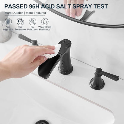 8 Inch Matte Black Bathroom Faucet 3 Hole, Brass Waterfall Bathroom Sink Faucet Widespread 2 Handle with Pop up Drain & Pre-Installed cUPC Supply Lines for Lavatory, 10 Mins Quick Install
