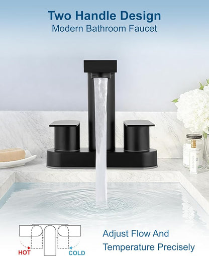 Matte Black Bathroom Sink Faucet,4 Inch Centerset,Two Handle | Lead-Free SUS304 Stainless Steel 2 or 3-Hole Centerset Bathroom Faucet,Pop-Up Drain & cUPC Supply Lines for Vanity Sinks & RV