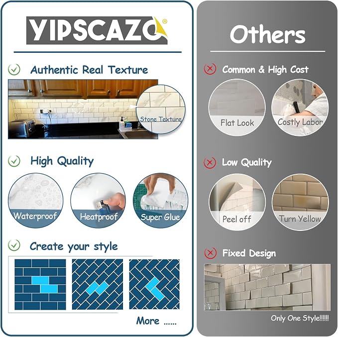 Yipscazo Peel and Stick backsplash 3 x 6 Inches 3D PVC Composite Wall Tile Stick on Backsplash Tile for Kitchen Bathroom, Laundry Room, Fireplace(Skin Marble White, 100 Pieces)