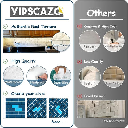 Yipscazo Peel and Stick backsplash 3 x 6 Inches 3D PVC Composite Wall Tile Stick on Backsplash Tile for Kitchen Bathroom, Laundry Room, Fireplace(Skin Marble White, 100 Pieces)