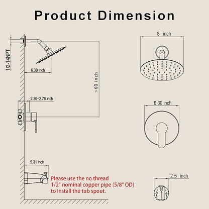 Tub Shower Faucet, Matte Black Shower Faucet Set with 8-Inch All-Metal Rainfall Showerhead and Bathtub Spout, Single-Handle Tub Shower-Trim Kit Included Valve, Matte Black