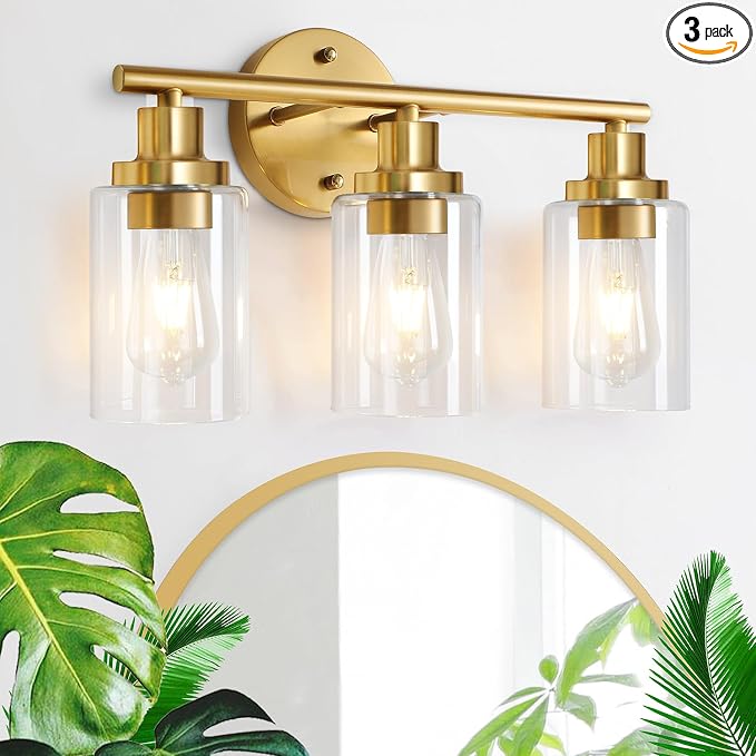 Brushed Brass Bathroom Wall Light Fixtures 3 Lights Vanity Wall Sconce with Clear Glass Shade Modern Farmhouse Wall Lamp for Bathroom Mirror Kitchen Living Room Workshop