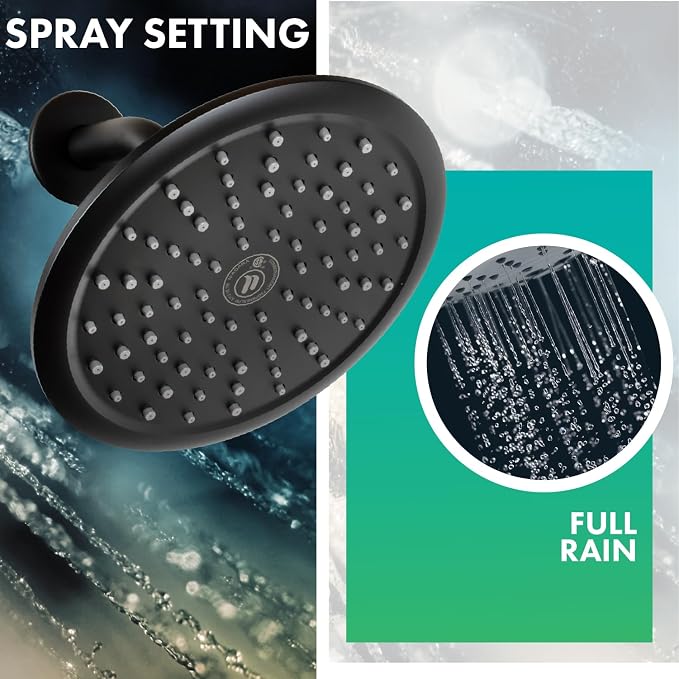 Niagara Conservation N9517MB Rainfall Spa 1-Spray with 1.75 GPM 8-in. Wall Mount Adjustable Fixed Shower Head in Matte Black, 1-Pack | Bathroom Shower Head Sprayer with Pressure Compensation