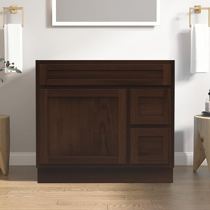 HomeBeyond 36 Inch Bathroom Vanity Base Only, Single Vanity Cabinet with 2 Side Dove-Tailed Drawers, Composable Floor Mount Cabinets Without Top, Rustic Brown