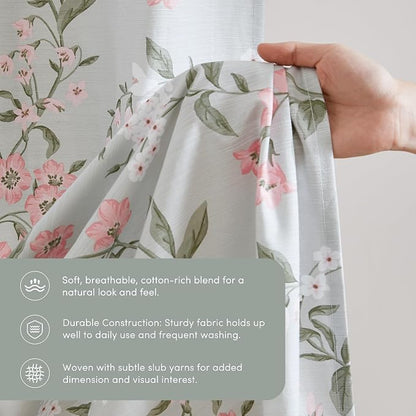 Martha Stewart Meadow Floral Shower Curtain, Cotton-Rich Slub Texture, Timeless Garden Design, Classic to Modern Farmhouse Bathroom Decor, Machine Washable 72"x84", Green